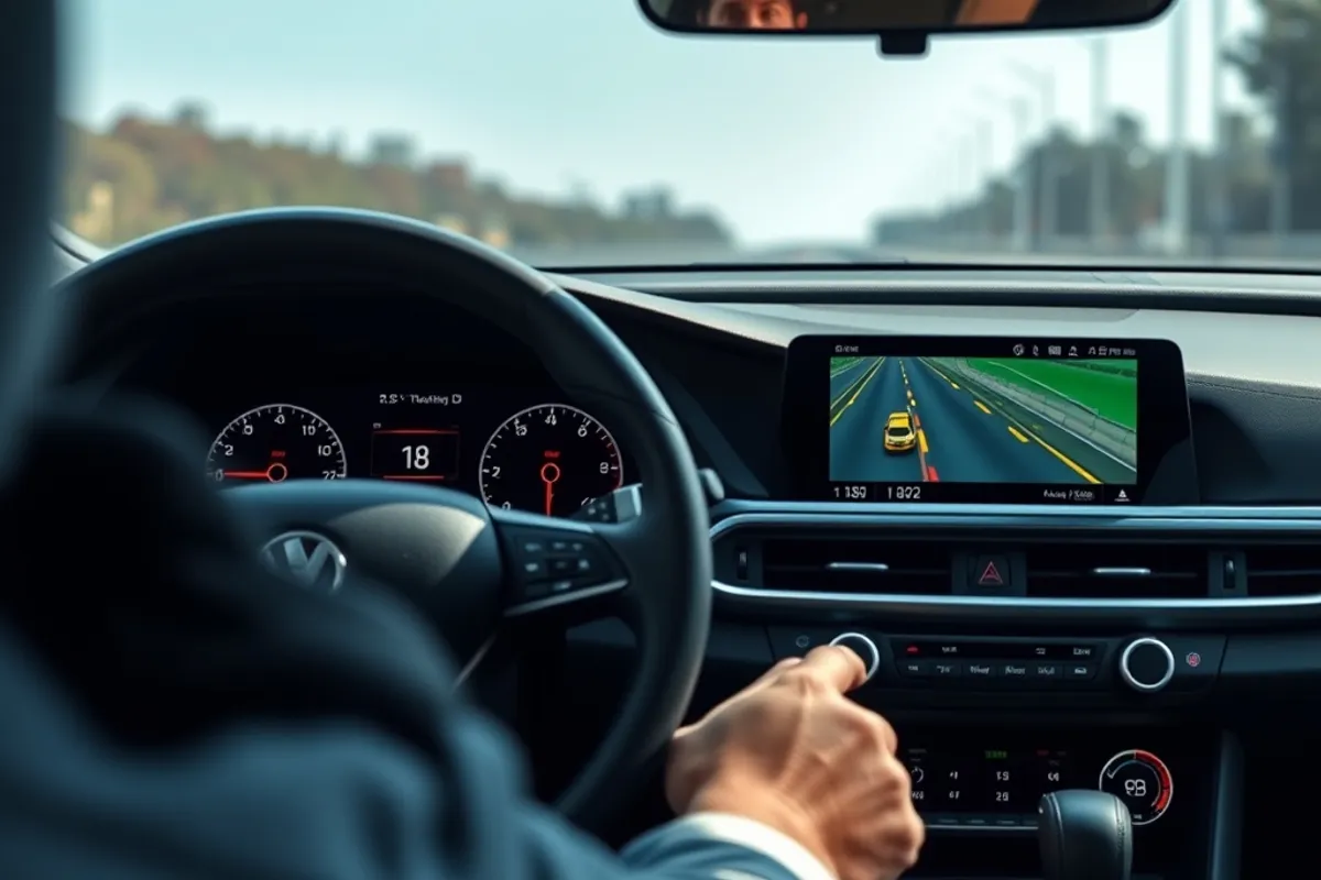 Driver watching lane-keeping and adaptive cruise graphics on a car dash