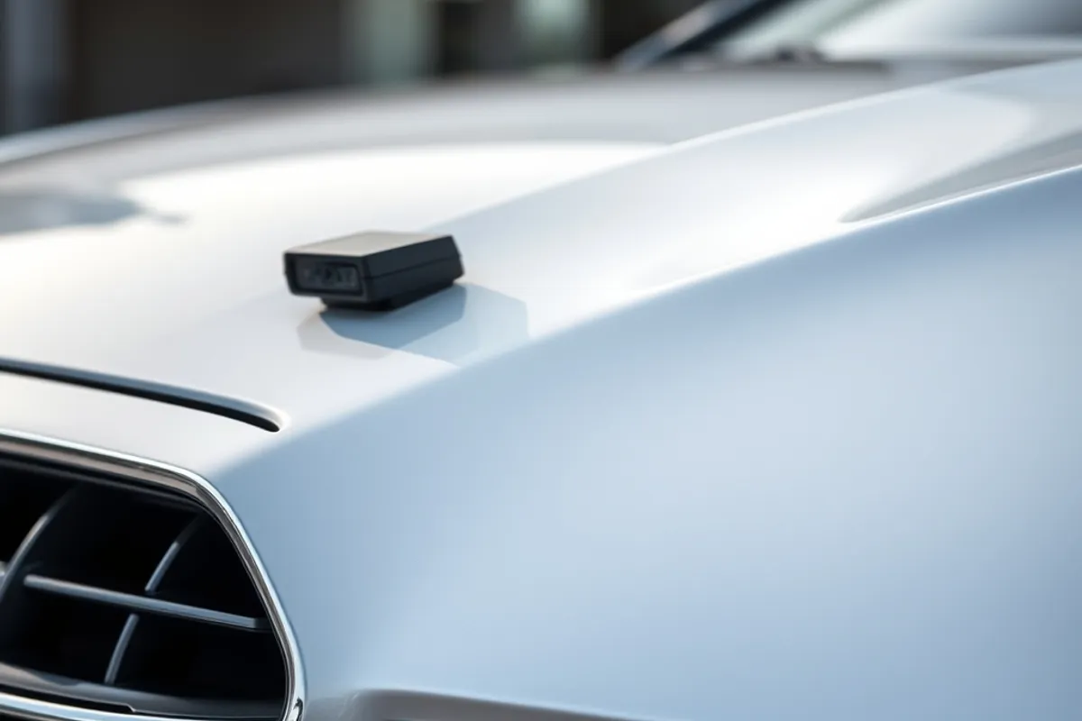 Close view of a car front grille with radar and camera sensors visible