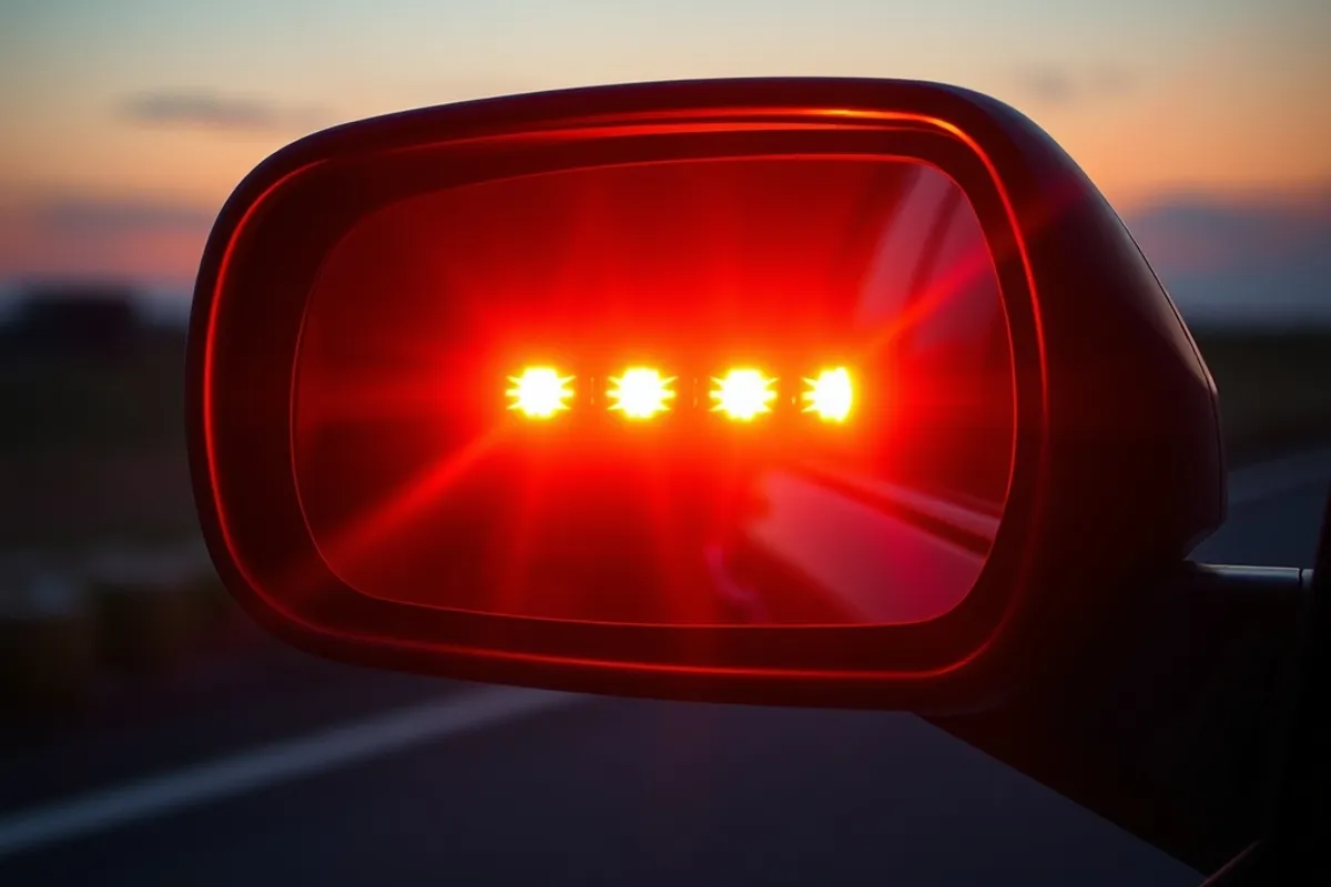 Blind-spot warning light illuminated in a car door mirror at dusk