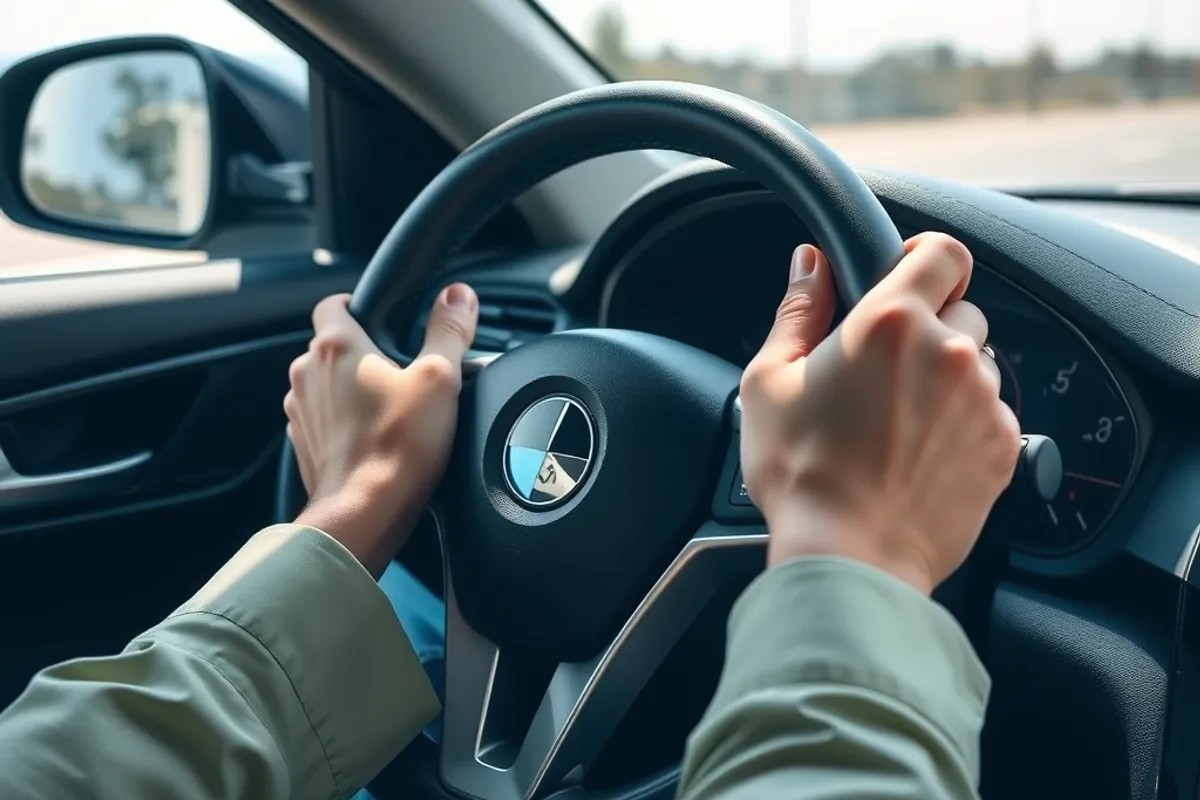 Driver hands hovering near the wheel of a car with lane-centering active