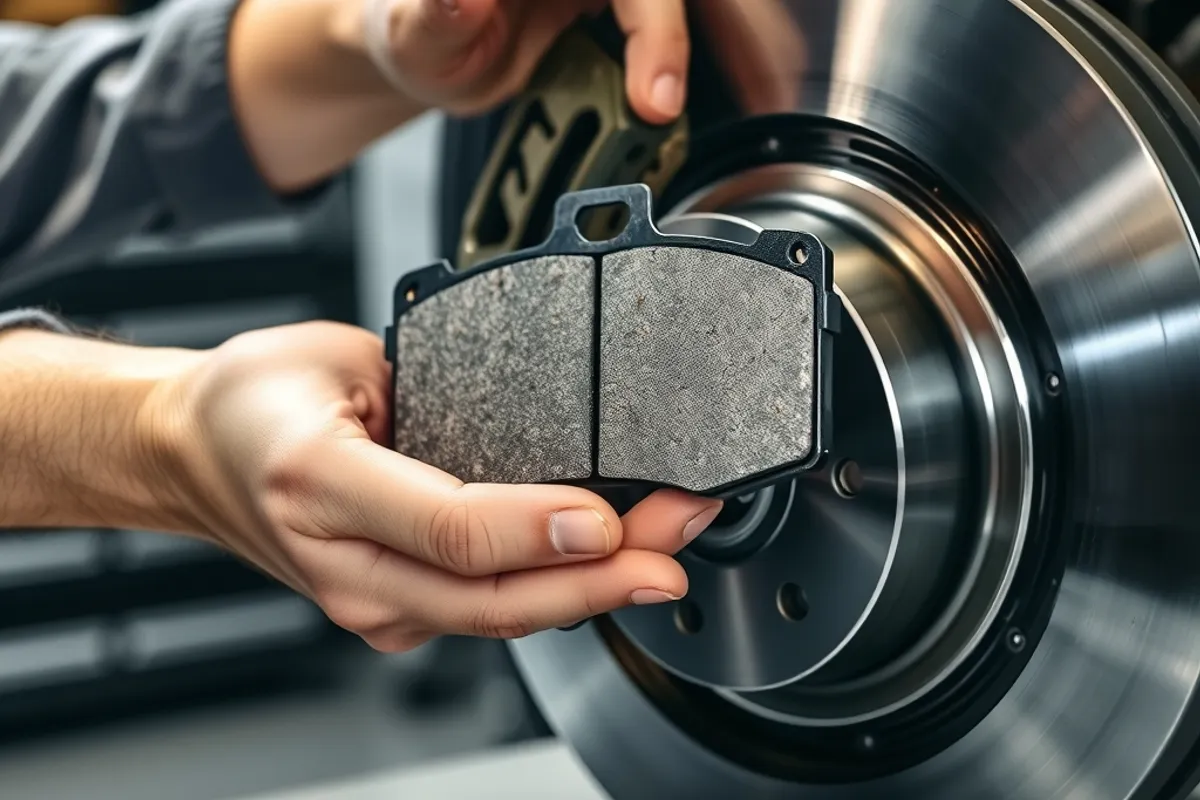 Mechanic holding a new brake pad next to a brake caliper on a workshop bench