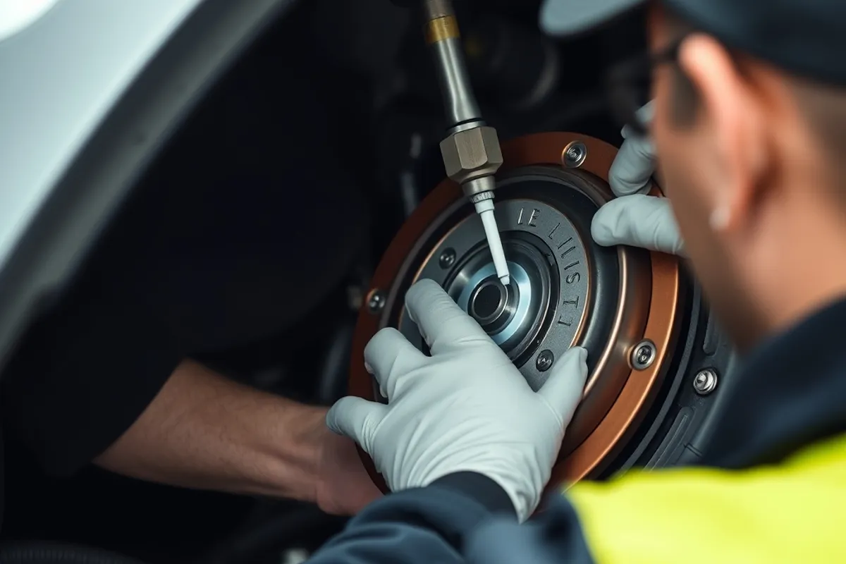Mechanic applying copper grease to the pad backing plate during installation