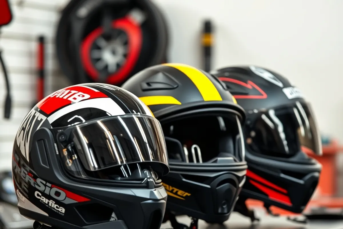 Three motorcycle helmets of different styles lined up on a workbench