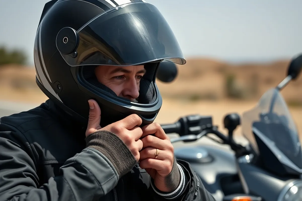 Rider fastening the chin strap of a full-face helmet beside a motorcycle