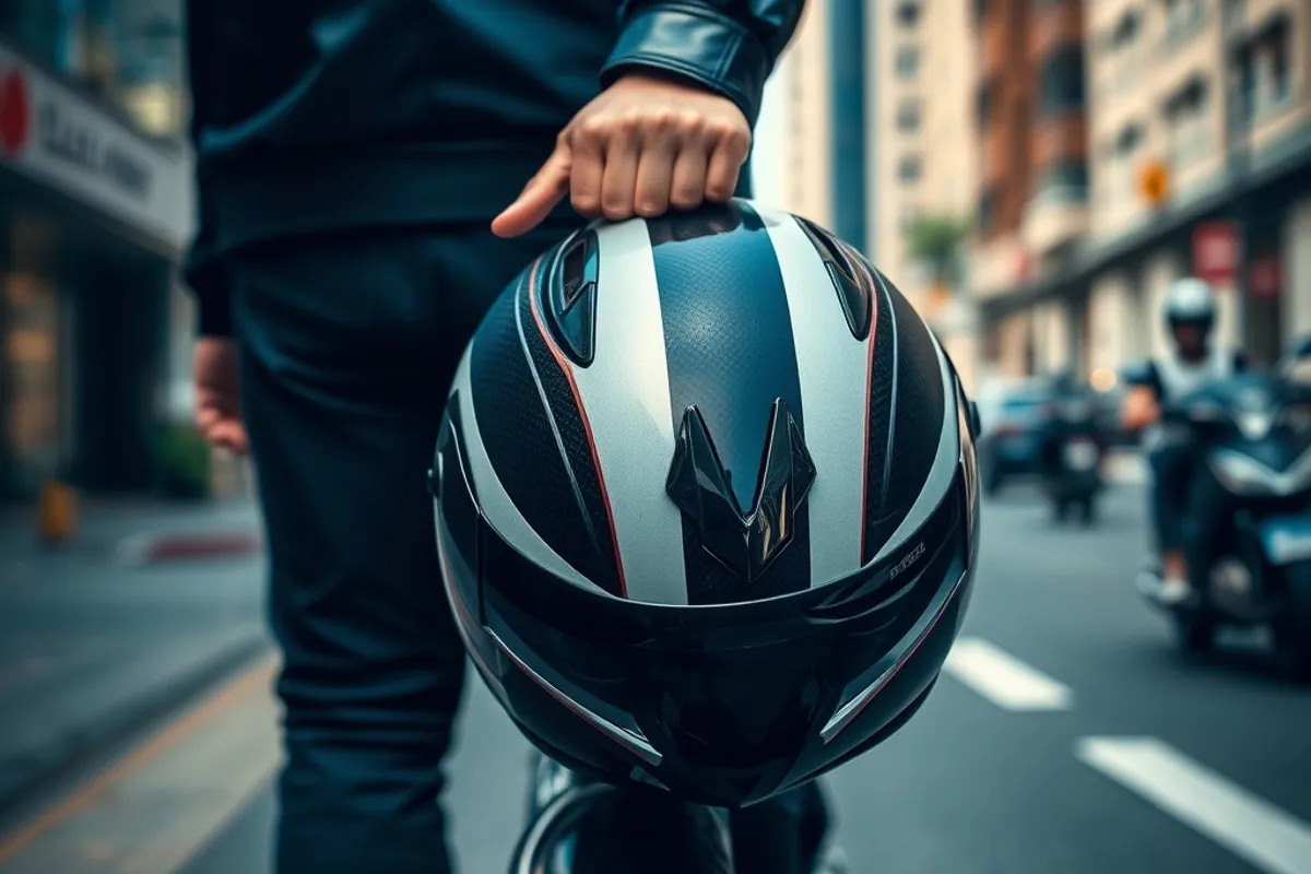 Motorcycle helmet held in hand while walking through a city street