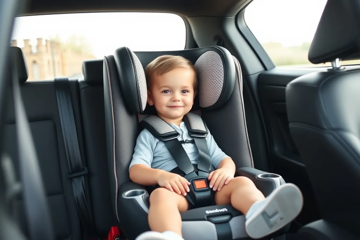 Child car seat installed in a family car back seat with harness tightened
