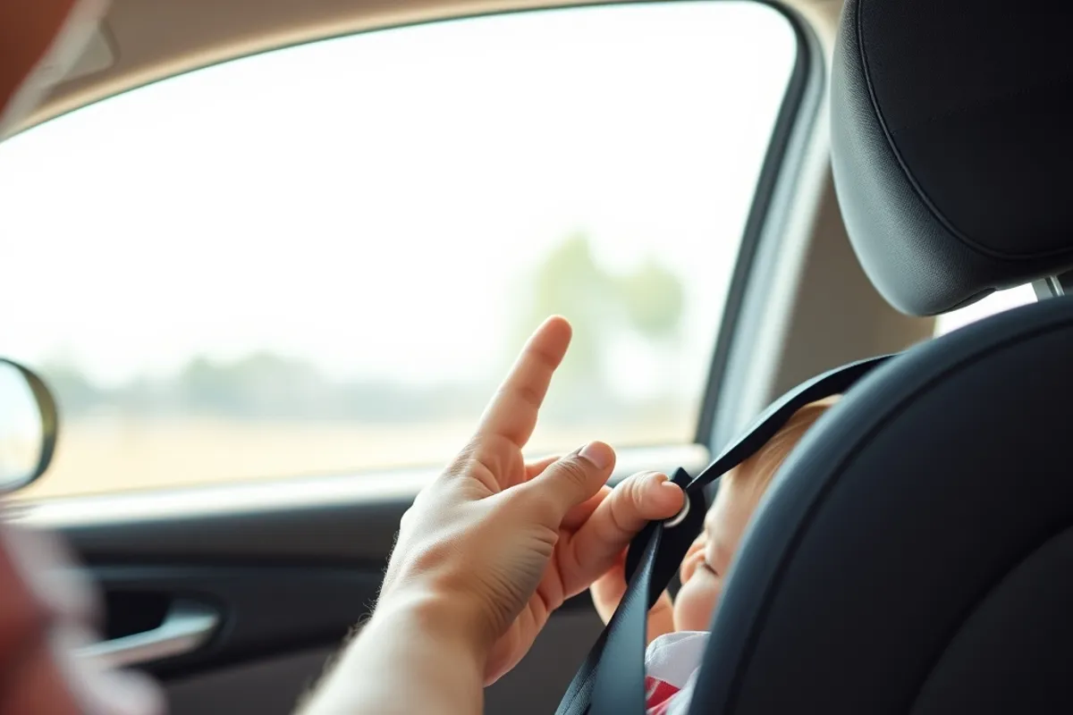 Parent checking the harness strap tension on a child seat with two fingers