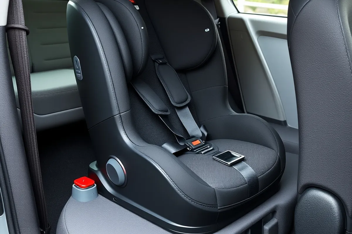 Child car seat base installed securely with the seat belt routed correctly