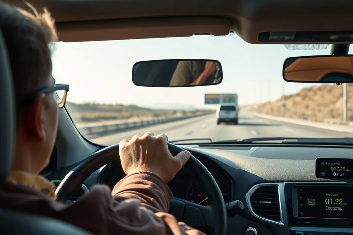 Driver checking fuel economy figures on a car dashboard during a highway trip