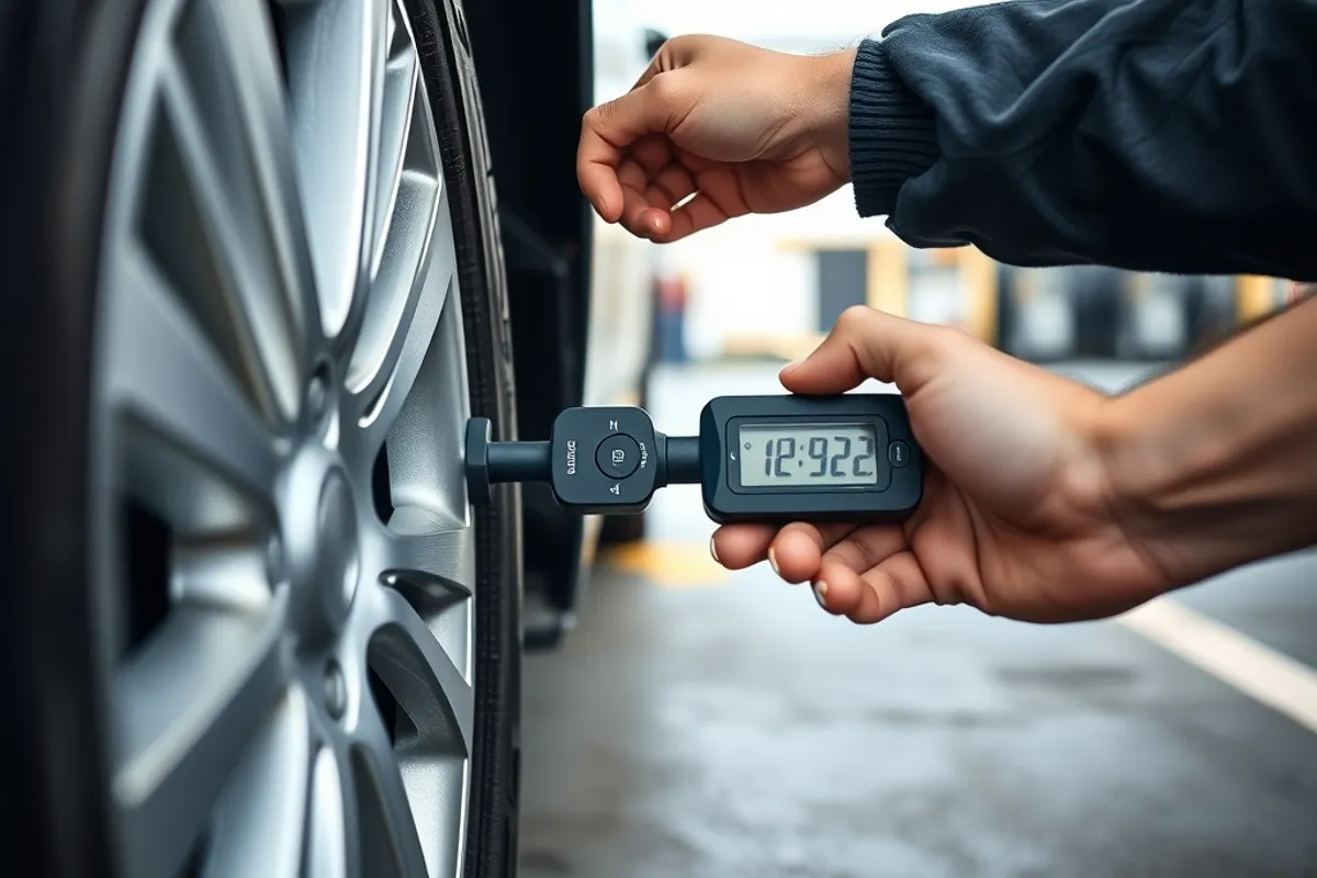 Car tyre pressure being checked with a digital gauge at a service station