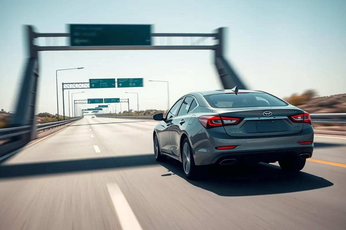 Car travelling at a steady speed on an empty open highway