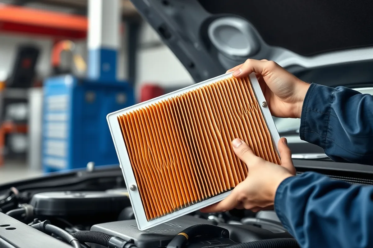 Maintenance checklist and air filter being inspected in a garage