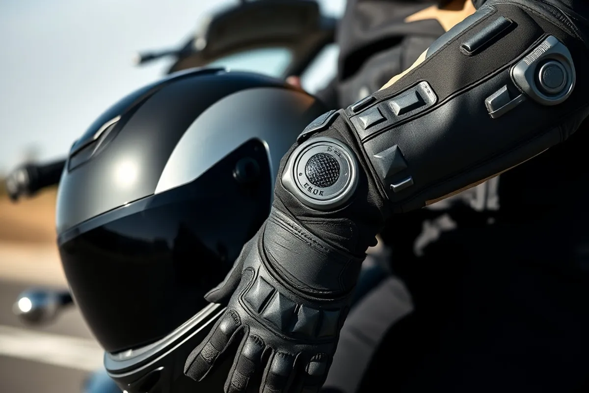 Rider wearing an armored motorcycle jacket with gloves holding a helmet