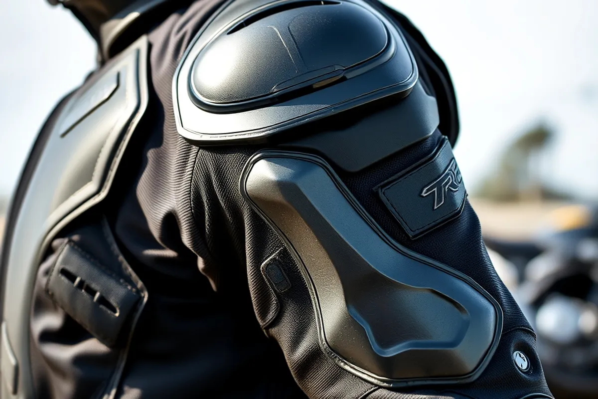 Close view of shoulder and elbow armor inside an open motorcycle jacket