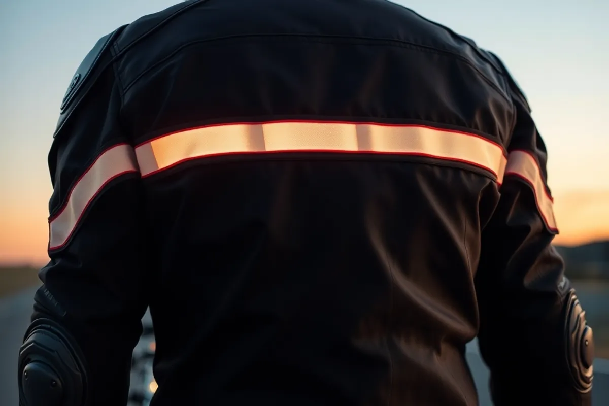 Textile motorcycle jacket with reflective strips shown at dusk