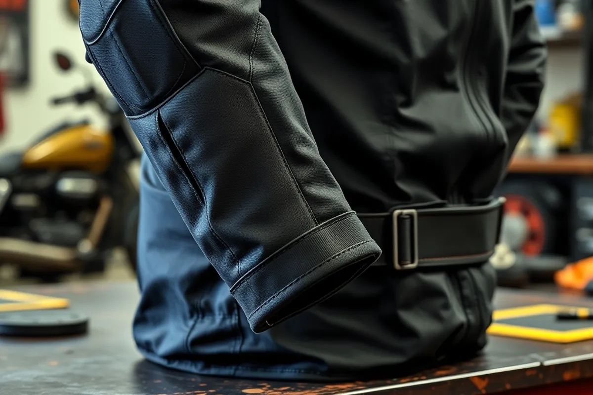 Motorcycle jacket cuffs and adjustable waist straps on a workshop table