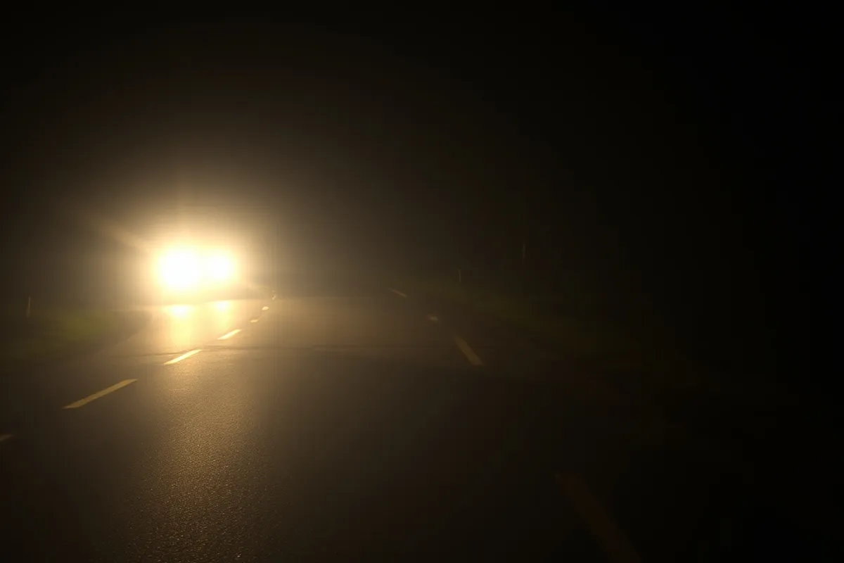 Car headlights lighting a dark rural road at night with reflective markers
