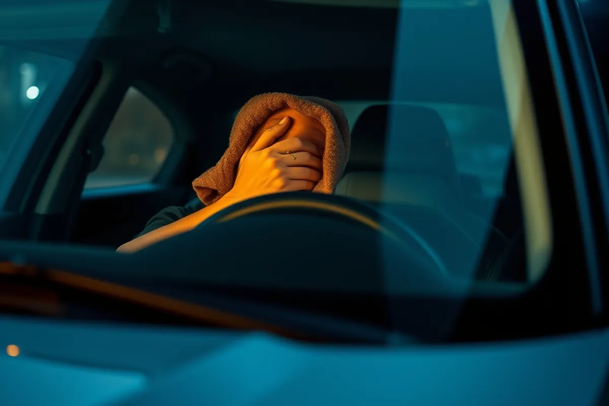 Driver cleaning a car windscreen and headlights before a night journey