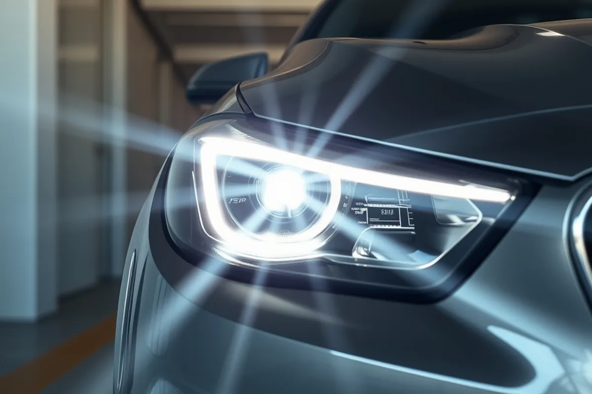 Headlight beam pattern checked against a wall during aiming at a garage