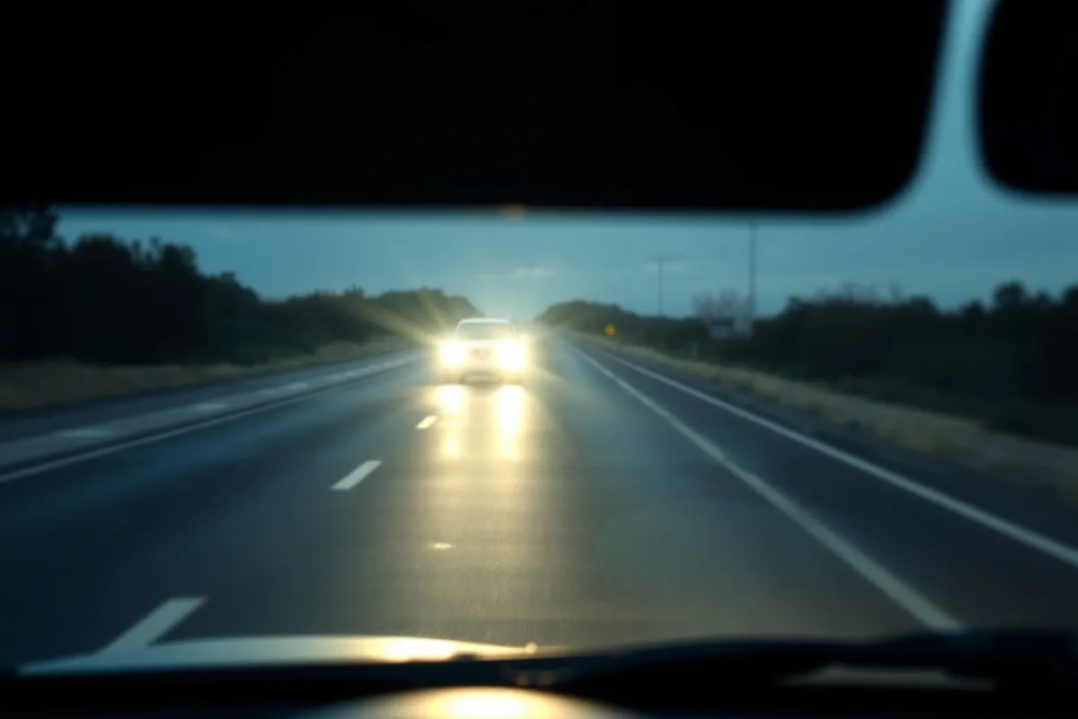 Bright oncoming headlights causing glare for a driver on a two-lane road