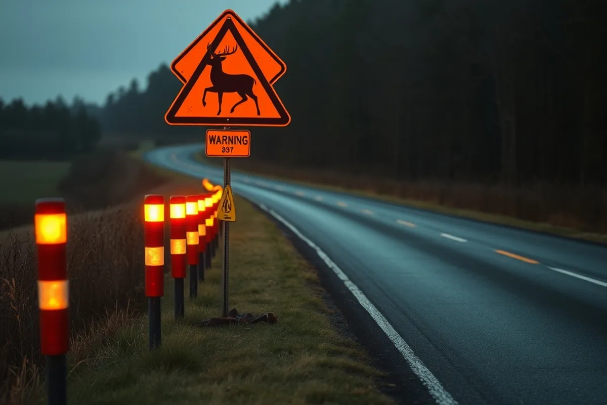 Reflective roadside posts and deer warning sign beside a dark country road