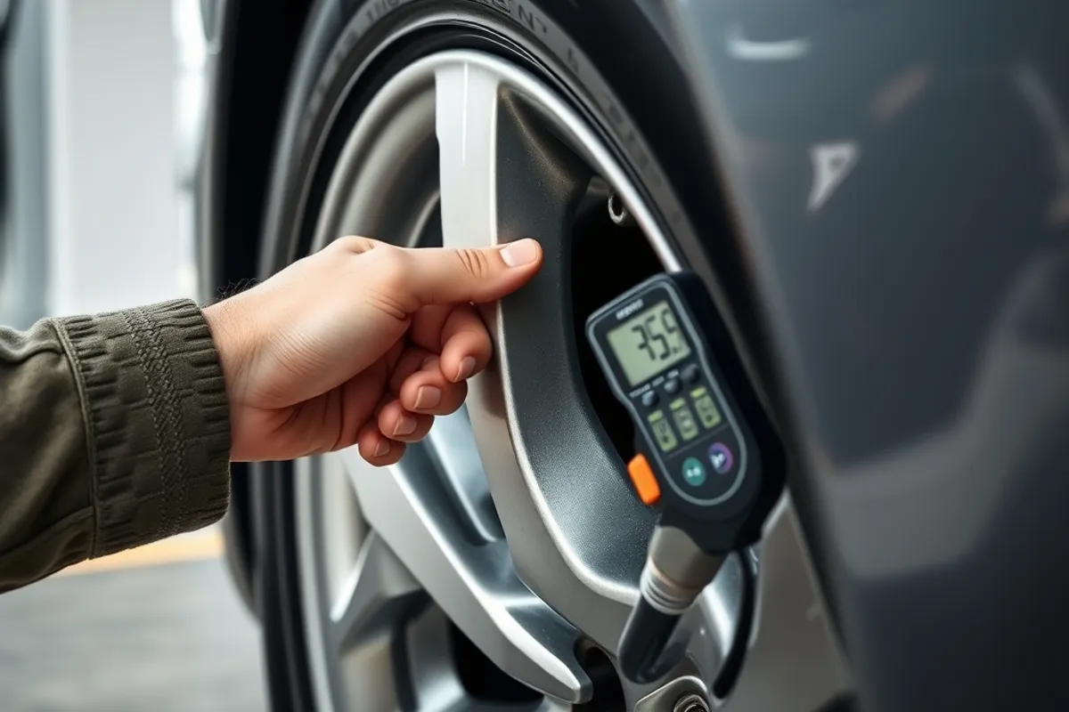 Digital tyre pressure gauge being used on a car tyre at a fuel station