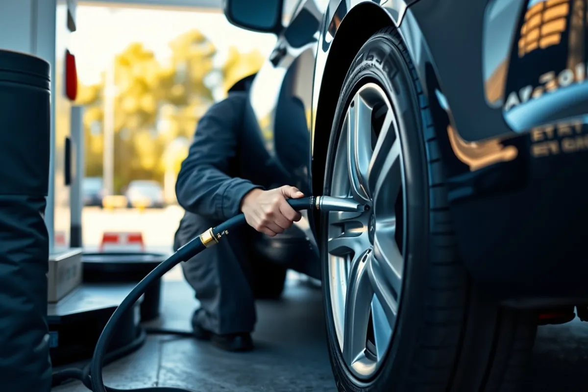 Driver inflating a car tyre with an air hose at a service station