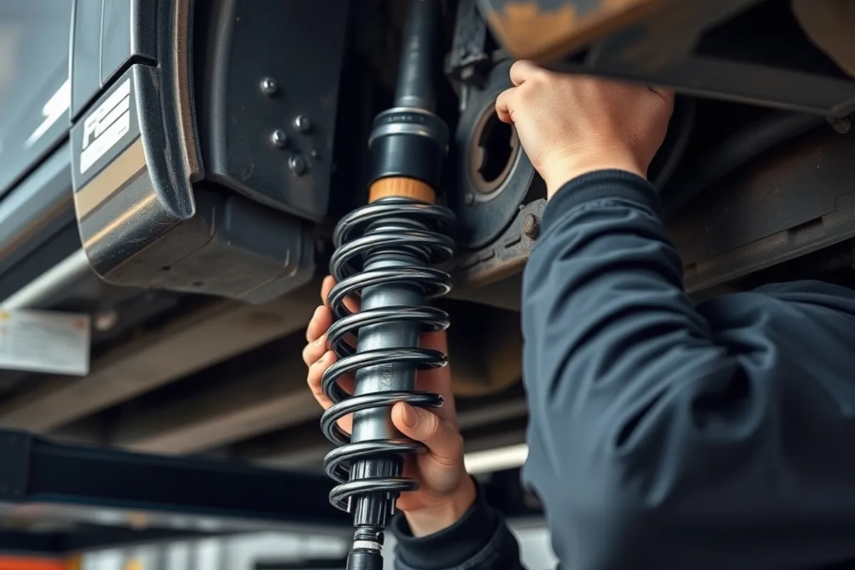Mechanic inspecting a shock absorber and coil spring on a car raised on a lift