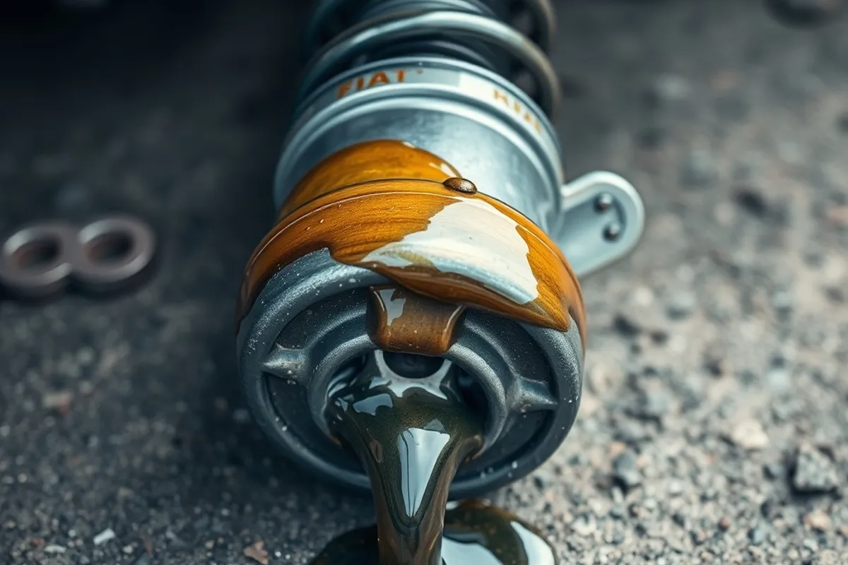 Close view of a leaking shock absorber body covered in oil and road grime