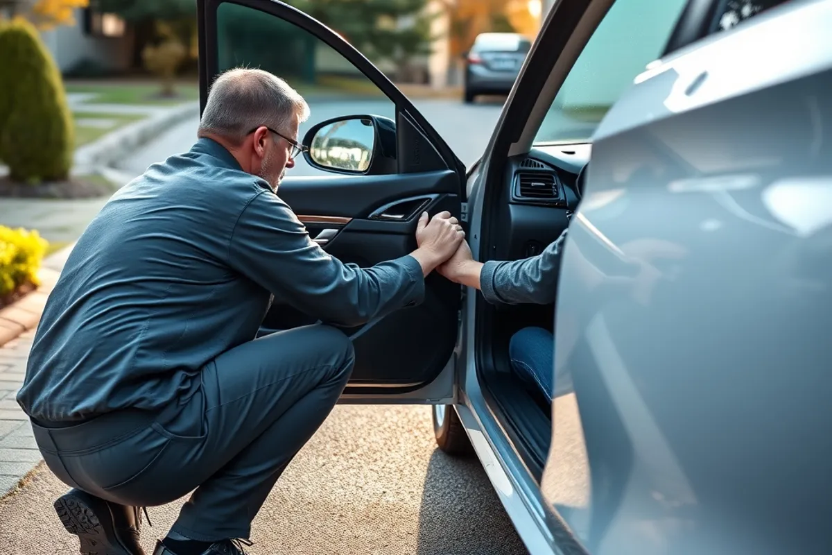 Driver pressing down on a car corner to perform a bounce test in a driveway
