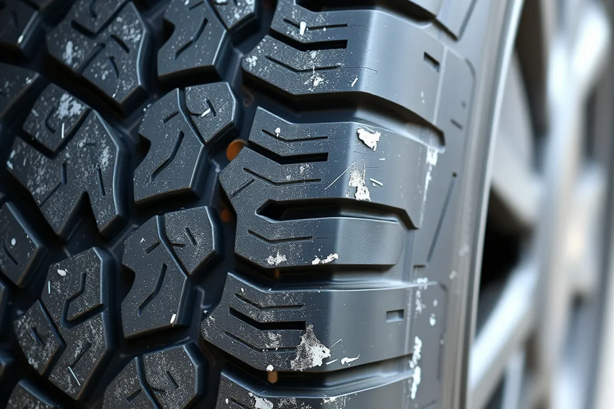 Worn tyre with cupped and uneven tread blocks caused by tired dampers