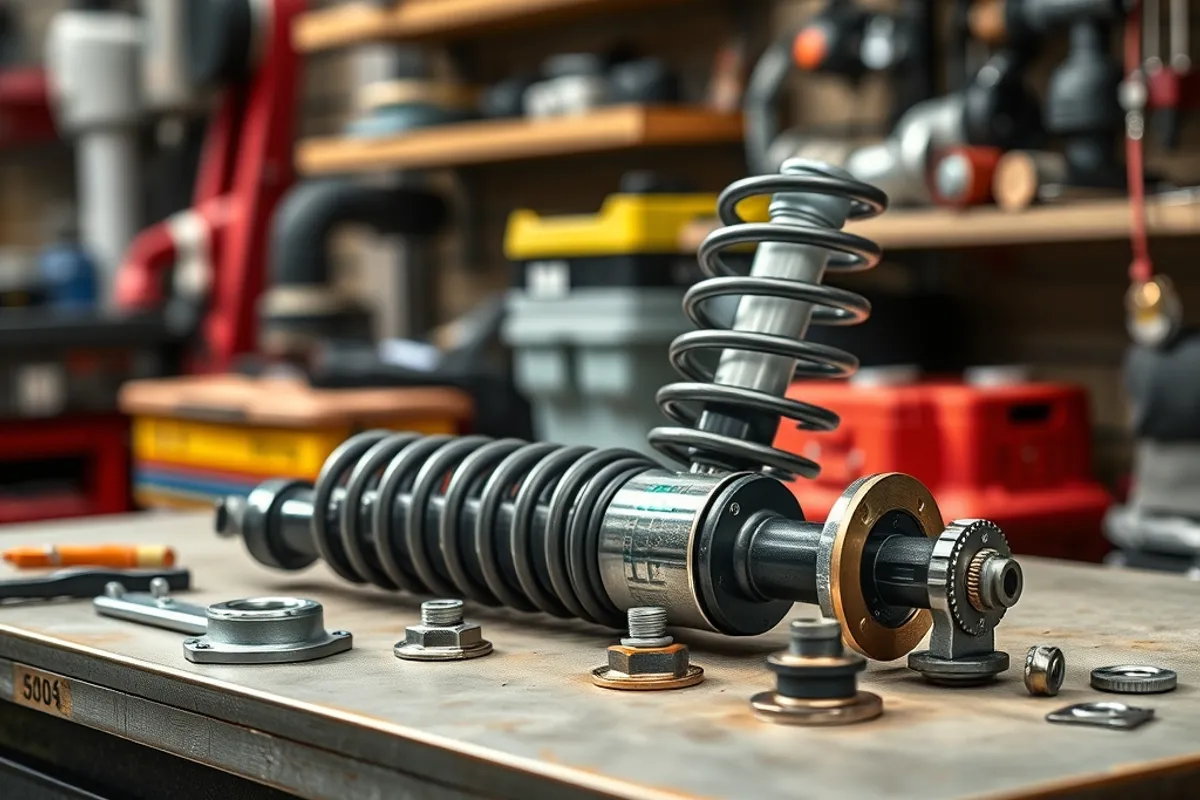 New shock absorber and mounting hardware laid out on a workshop bench