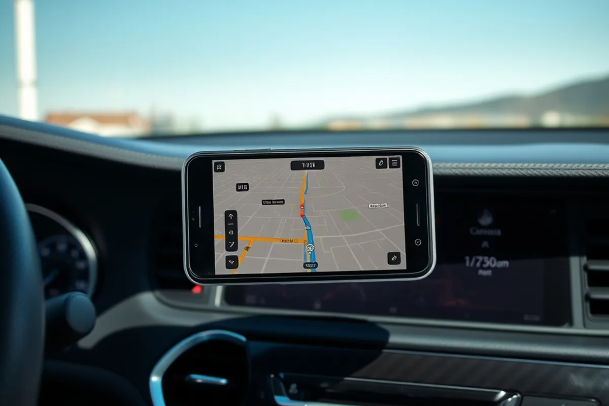Phone screen mirrored to a car infotainment display showing a navigation map