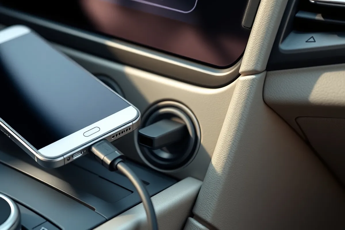 USB cable connected to a phone and a car infotainment port