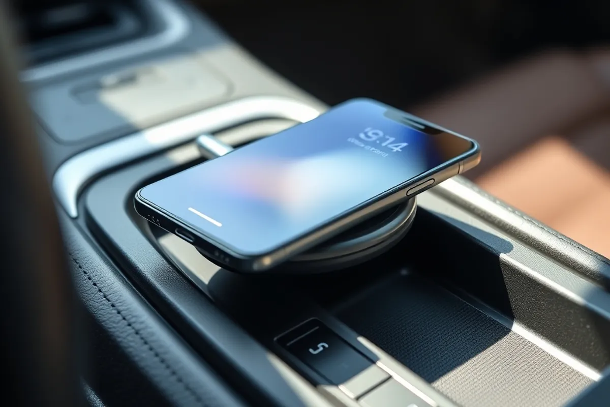 Close view of a wireless charging pad holding a smartphone in a car console