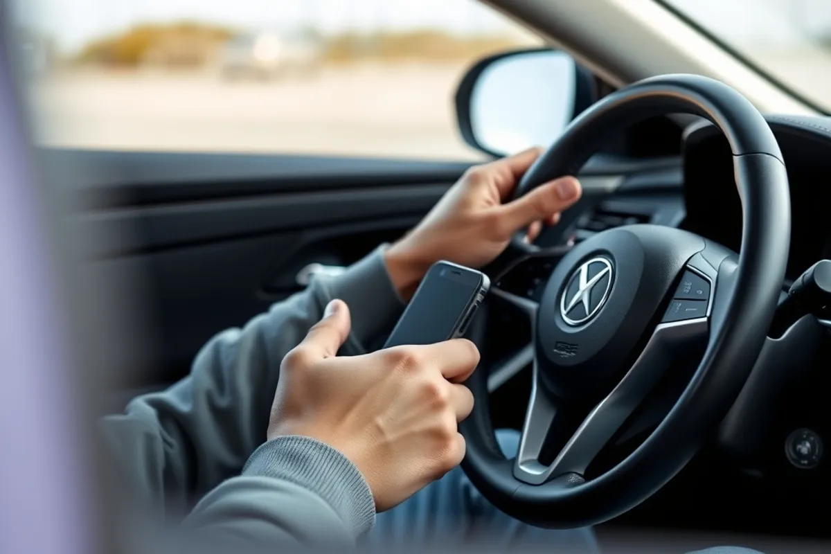 Driver using steering-wheel voice button while phone stays in a pocket