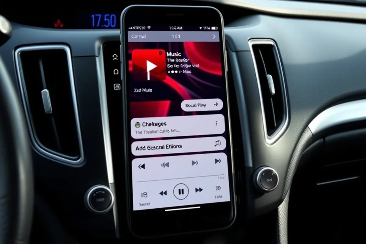 Car touchscreen showing music and messages from a connected phone
